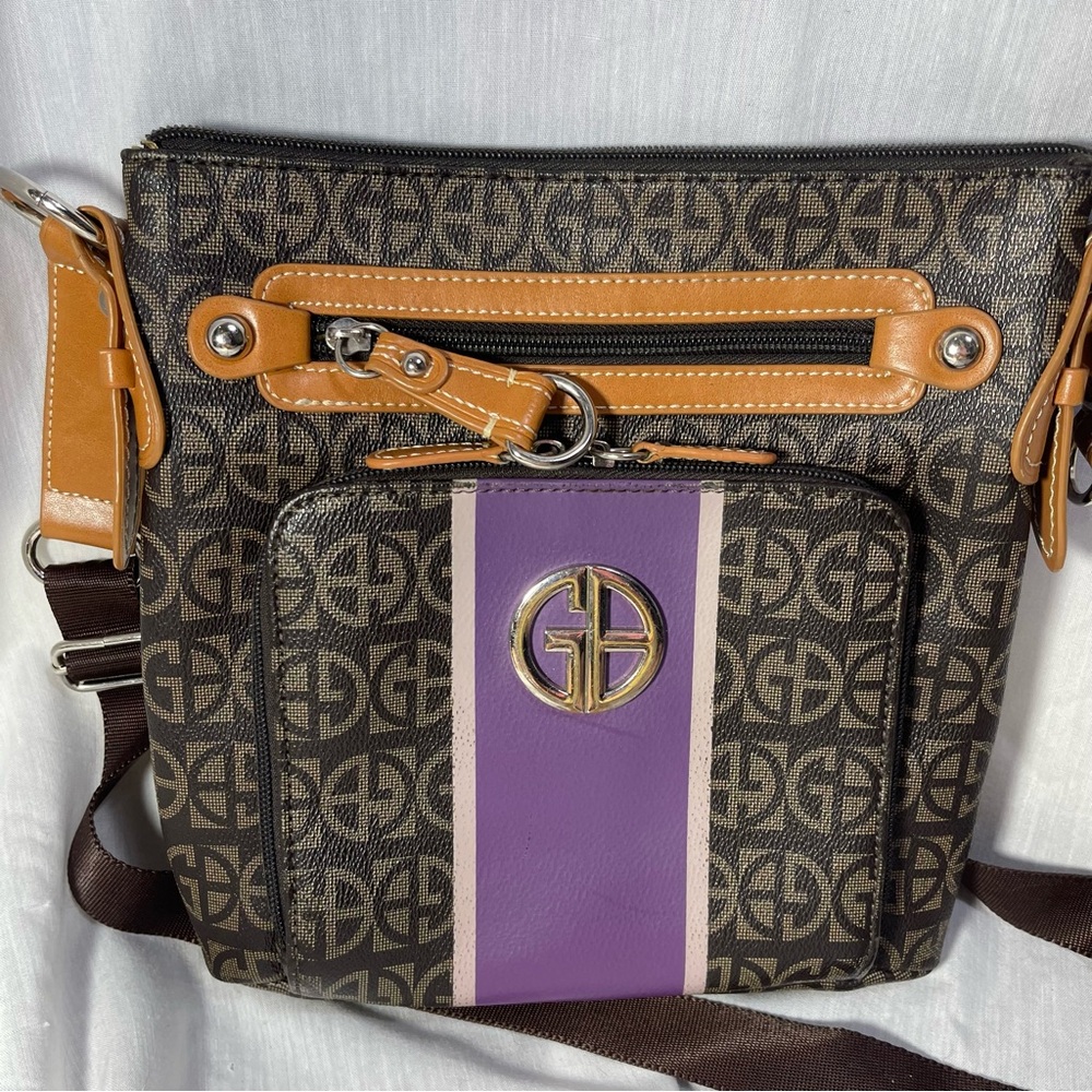 HOBOGianni Bernini Monogram Crossbody Bag- Brown Logo Print with Tan SilverBling